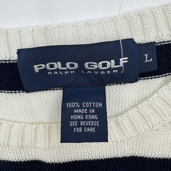 VINTAGE NWT Ralph Lauren Polo Golf Cotton Sweater Large Striped Crewneck Navy - Picture 2 of 10